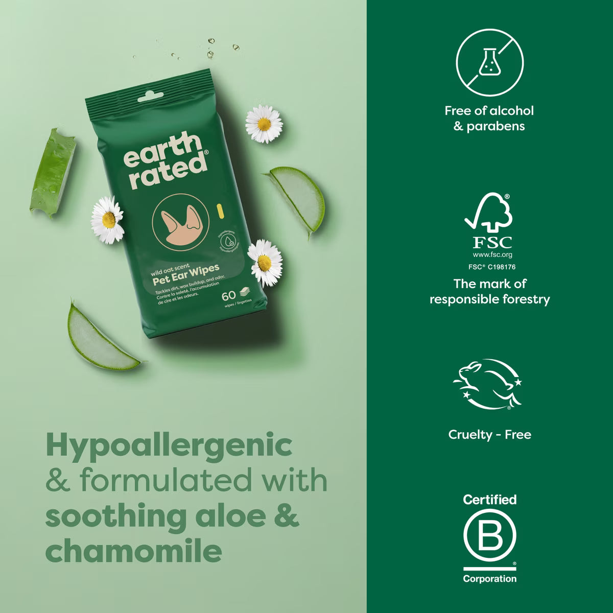 Earth Rated Dog Ear Cleansing Wipes 60ct