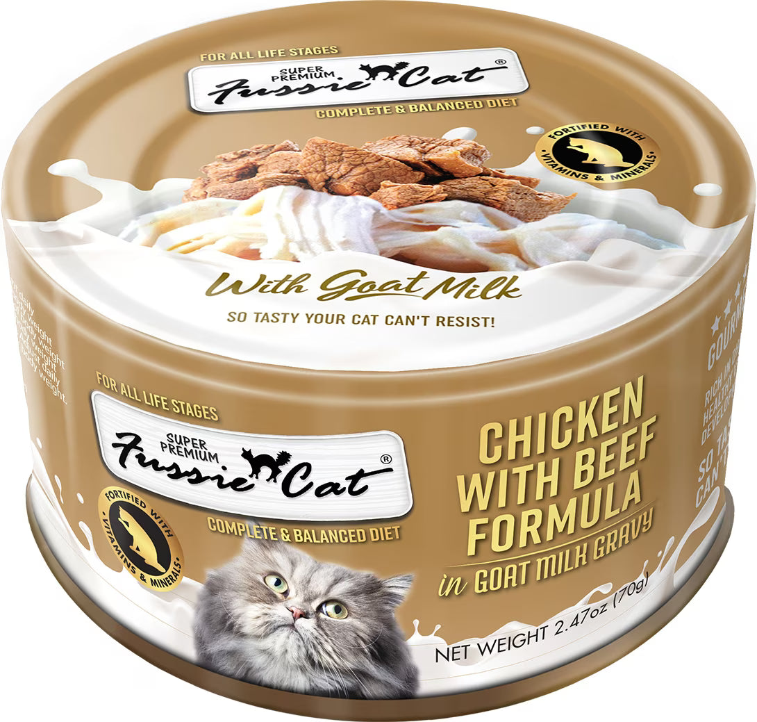 Fussie Cat Super Premium Chicken with Beef in Goat Milk Gravy Shredded Wet Cat Food, 2.47-oz can