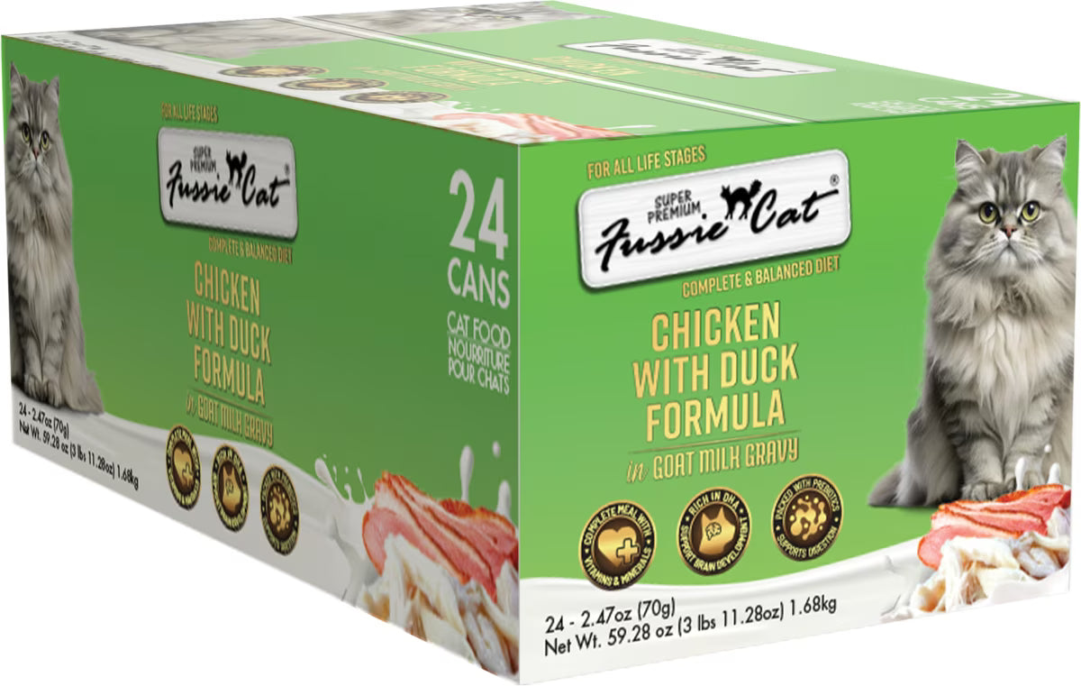 Fussie Cat Super Premium Chicken with Duck in Goat Milk Gravy Shredded Wet Cat Food, 2.47-oz can