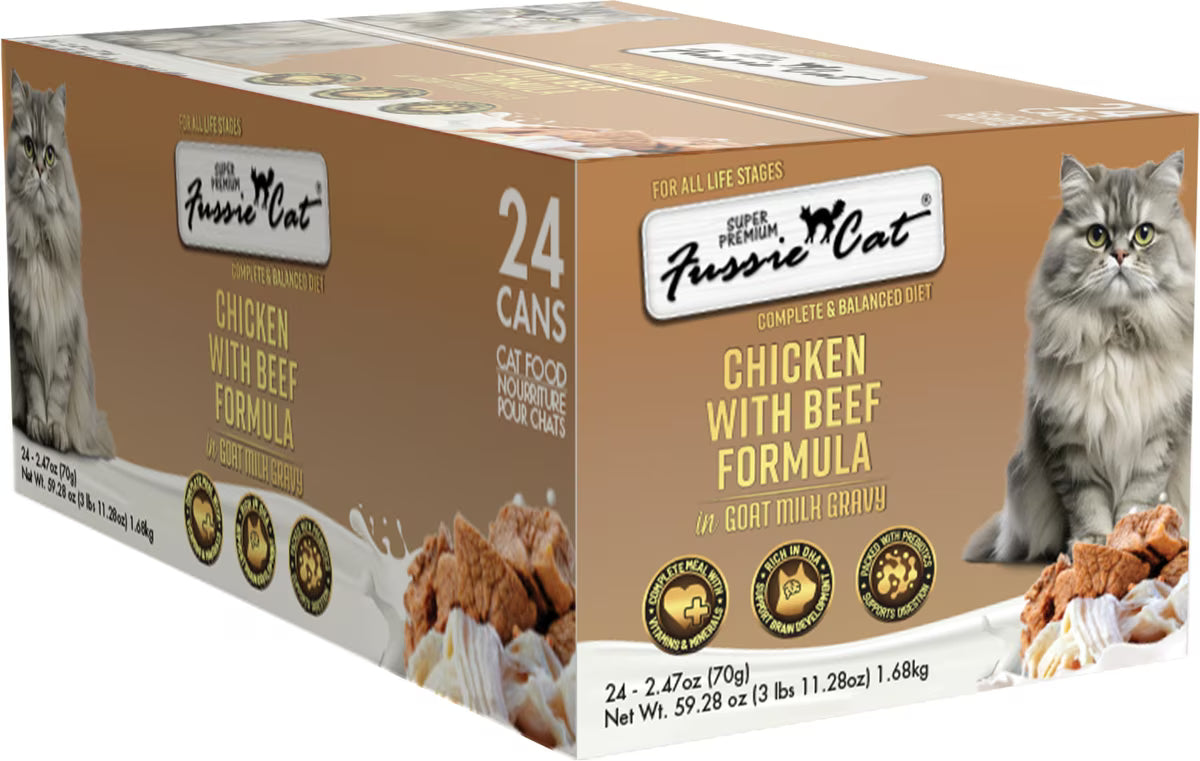Fussie Cat Super Premium Chicken with Beef in Goat Milk Gravy Shredded Wet Cat Food, 2.47-oz can