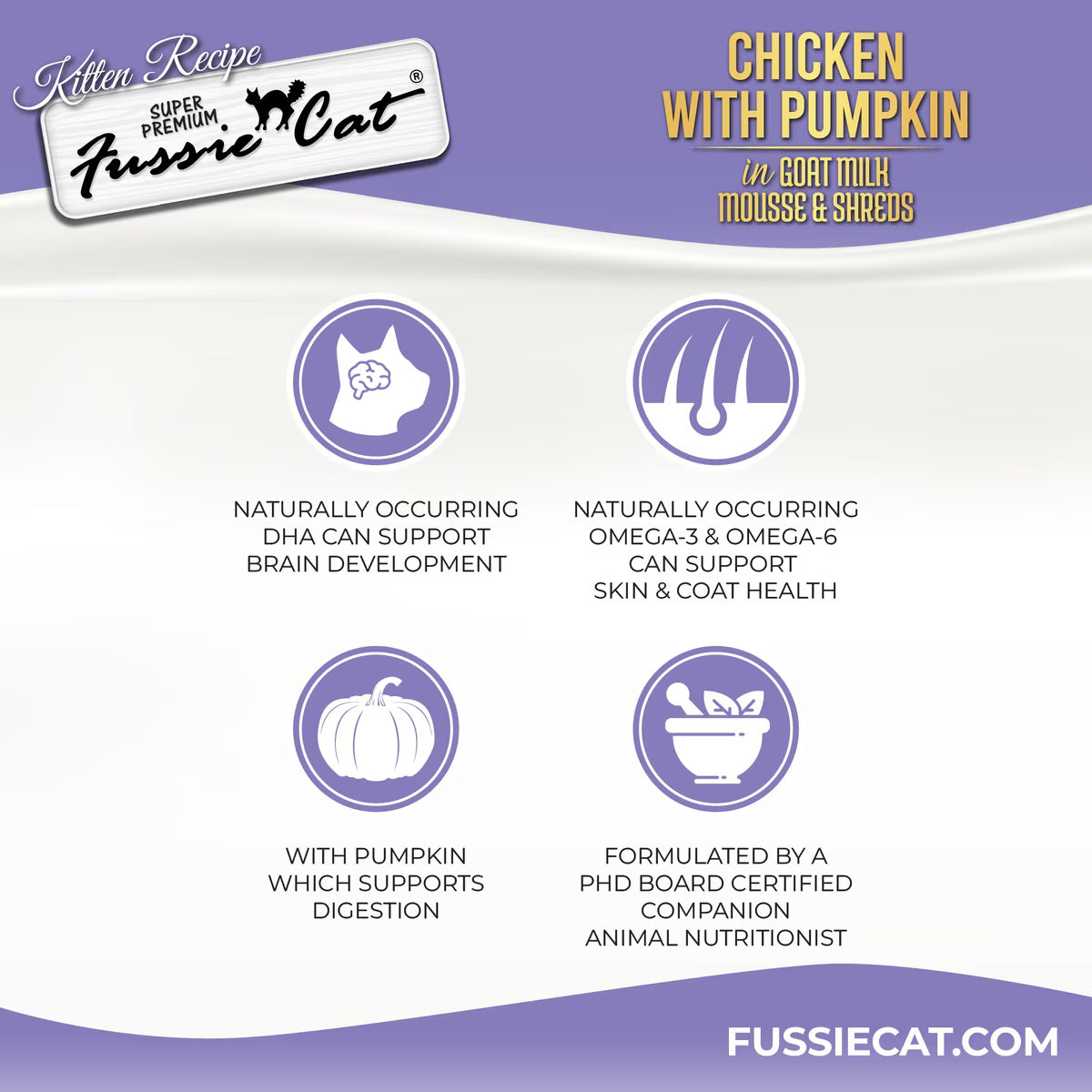 Fussie Cat Kitten Mousse Chicken Flavored with Pumpkin in Goat Milk Wet Cat Food & Shreds, 2.47-oz can