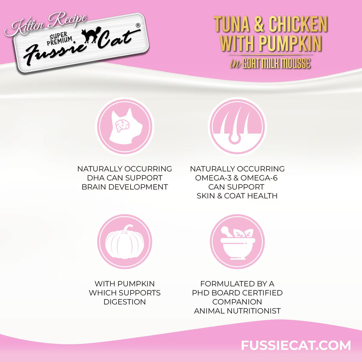 Fussie Cat Kitten Mousse Chicken & Tuna Flavored with Pumpkin in Goat Milk Wet Cat Food, 2.47-oz can